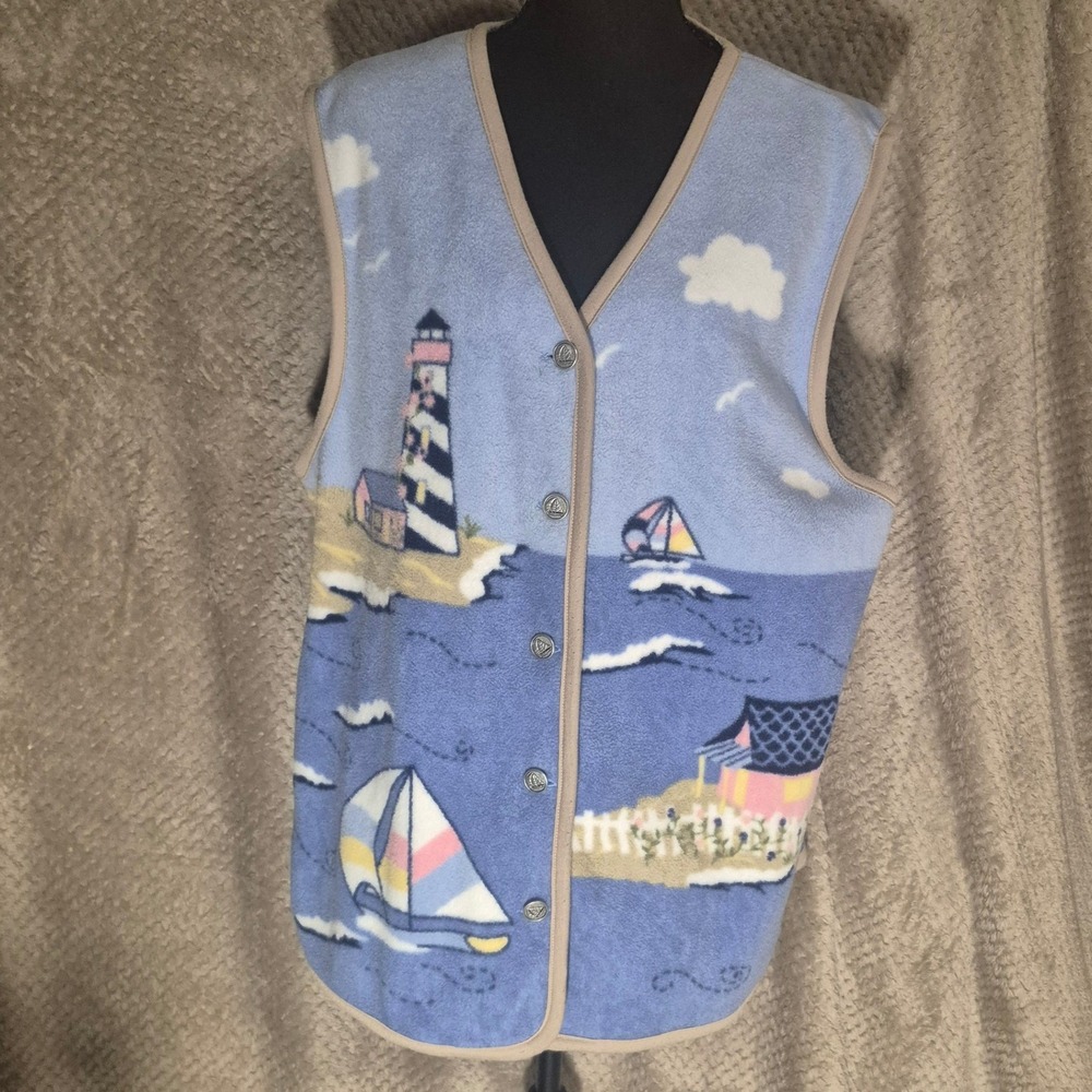 Northern Reflections Vintage Fleece Vest Blue Nautical Lighthouse Sailboat Large